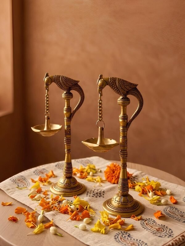 Shankh & Chakra Engraved Brass Stand Diyas (Pair)