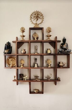Artisanal Wooden Wall Display Shelf with Assorted Brass Collectibles