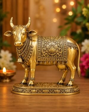 Royal Embossed Brass Kamdhenu Cow and Calf Idol