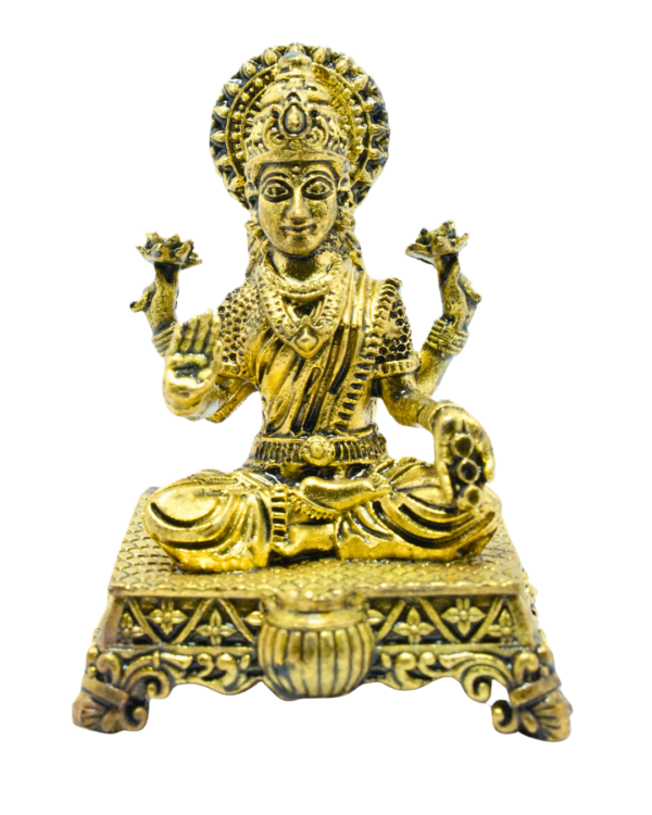Seated Brass Goddess Lakshmi Idol on Chowki