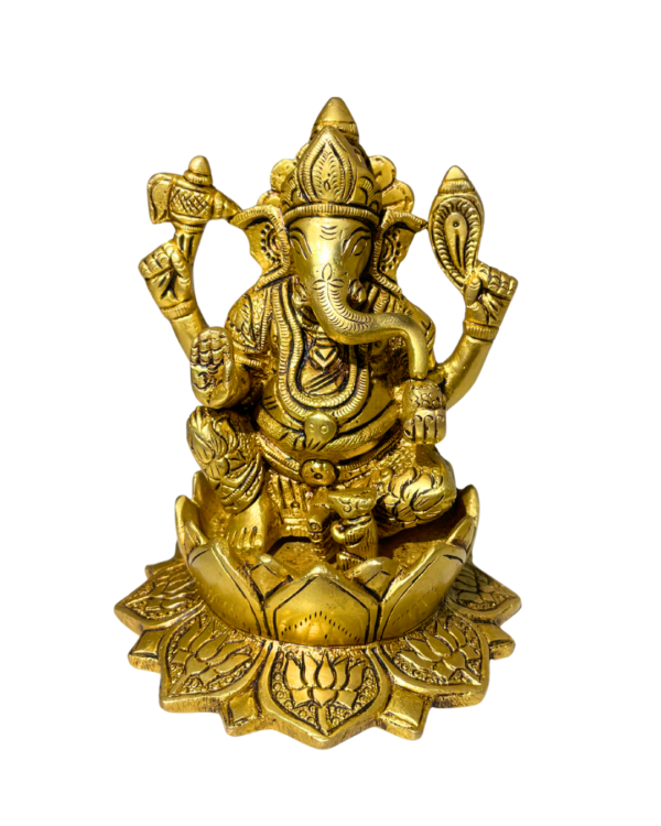 Brass Ganesha Idol on Carved Lotus Base