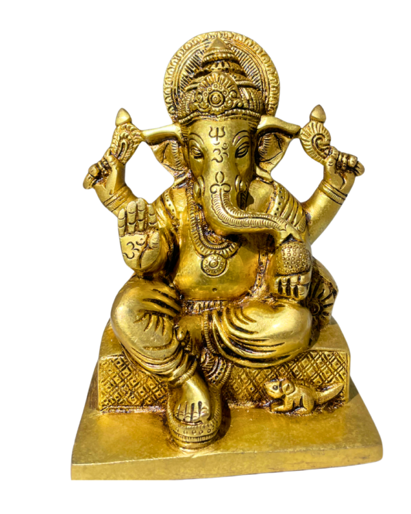 Seated Brass Ganesha Statue with Om Detail