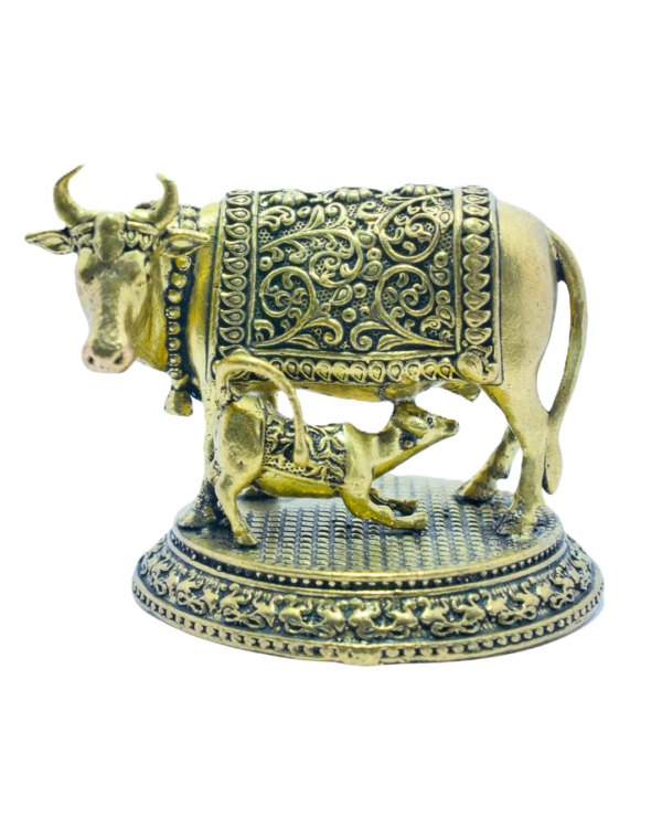 Royal Embossed Brass Kamdhenu Cow and Calf Idol